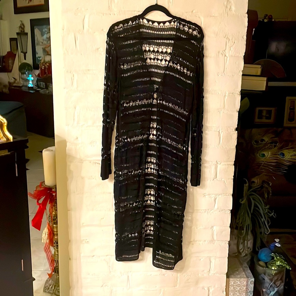 Chico’s Long Sleeve crocheted black full length jacket
